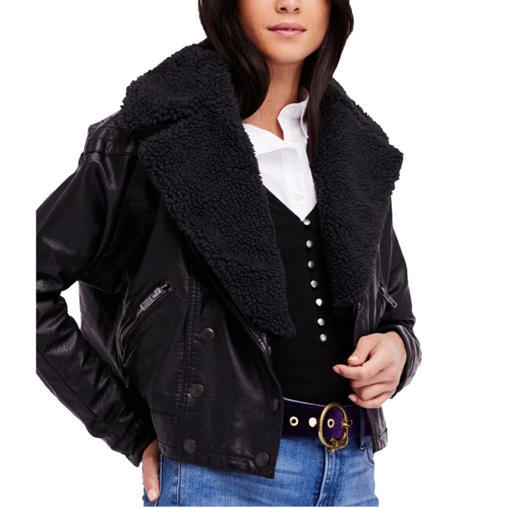 Free People Womens Haley Faux-Leather Motorcycle Jacket